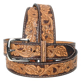 Bar H Equine Hand Tooled Genuine Leather Hand Crafted Brown with Tan Unisex Western Belt Removable Buckle Full Grain Western Belt for Men Women