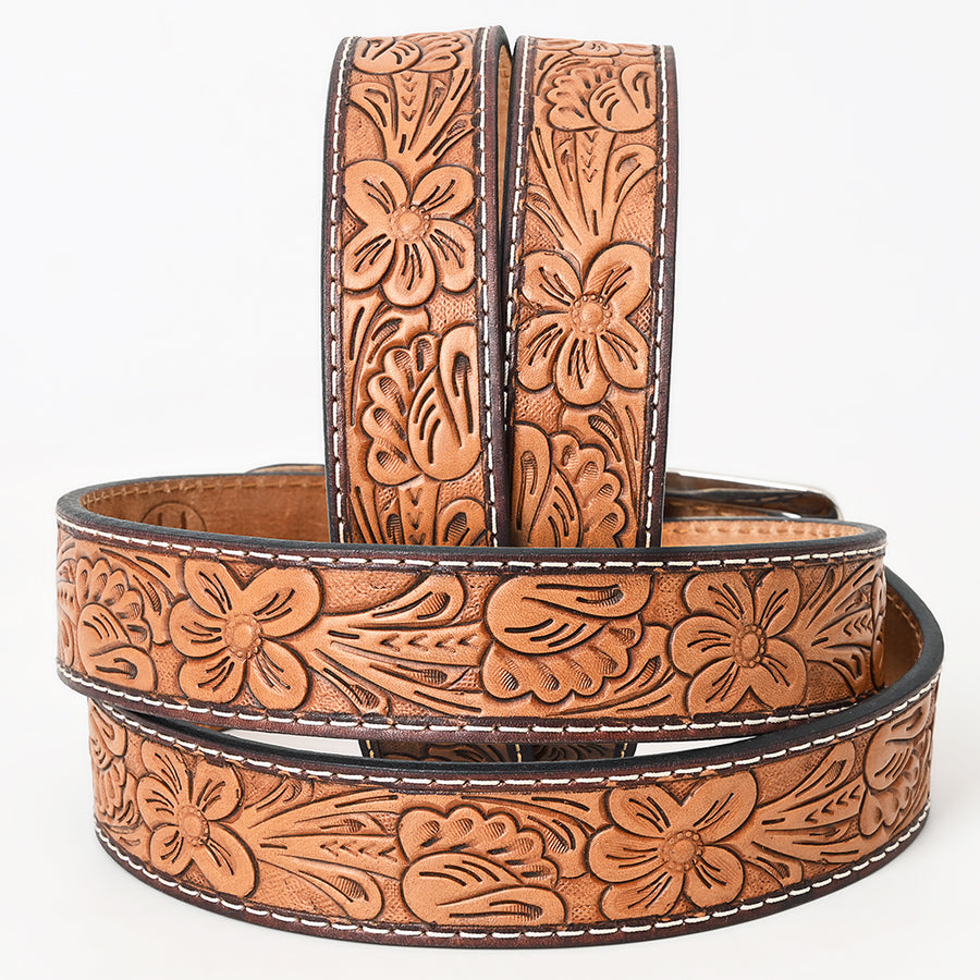 Bar H Equine Hand Tooled Genuine Leather Crafted Brown Unisex Western Belt Removable Buckle Full Grain for Men Women