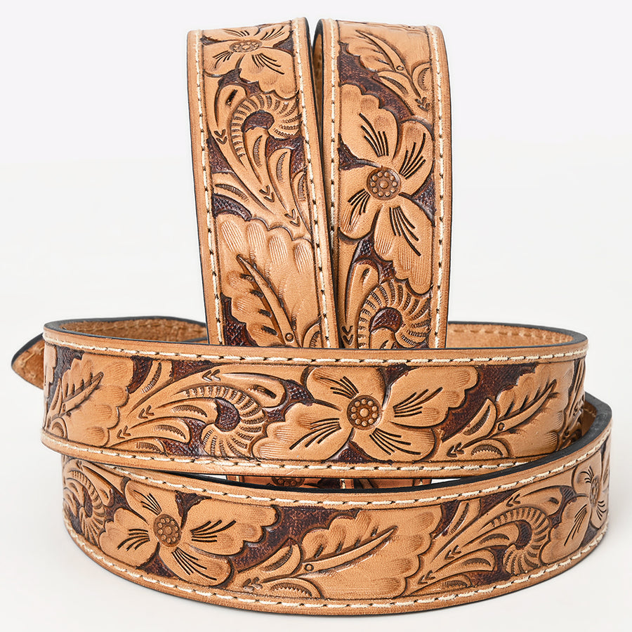 Bar H Equine Hand Tooled Genuine Leather Crafted Tan Unisex Western Belt Removable Buckle Full Grain for Men Women