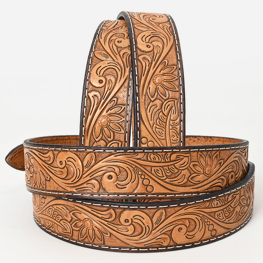 Bar H Equine Hand Tooled Genuine Leather Crafted Tan Unisex Western Belt Removable Buckle Full Grain for Men Women