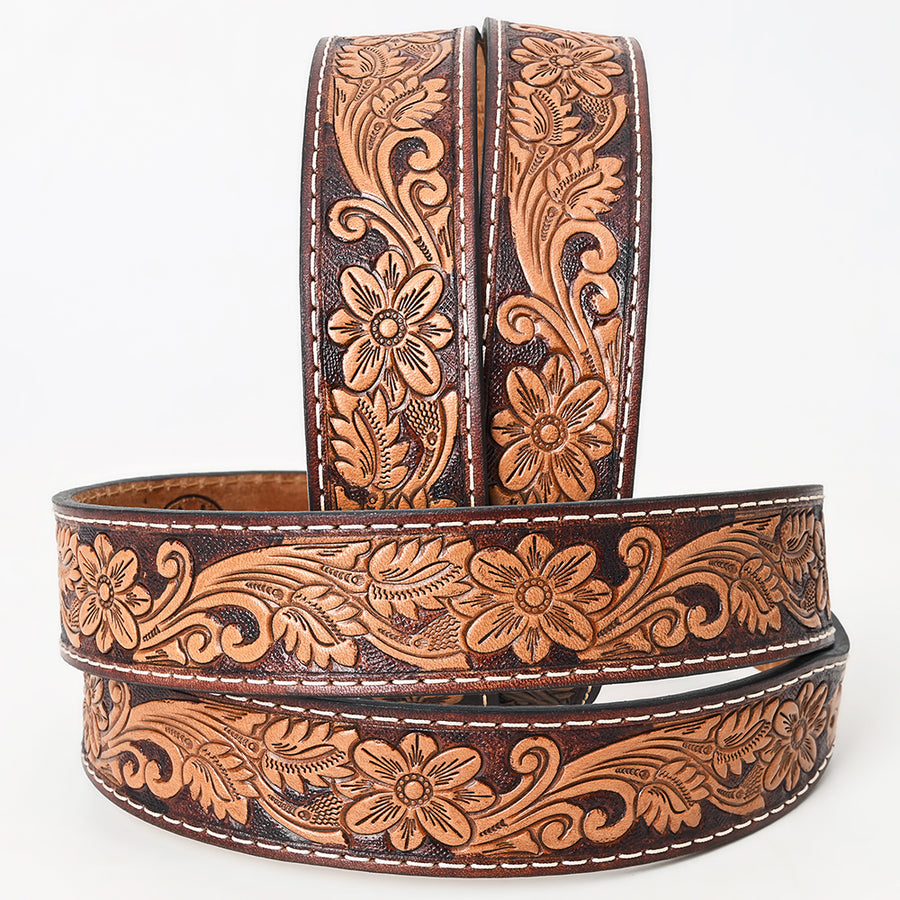 Bar H Equine Hand Tooled Genuine Leather Crafted Brown Unisex Western Belt Removable Buckle Full Grain for Men Women