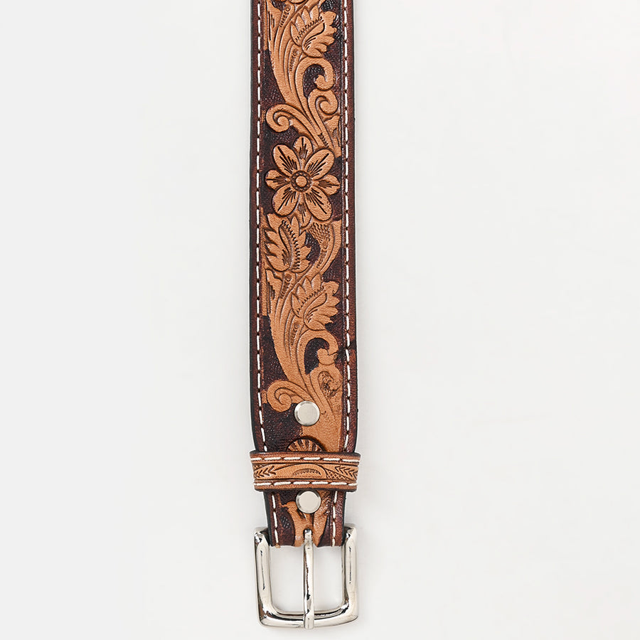 Bar H Equine Hand Tooled Genuine Leather Crafted Brown Unisex Western Belt Removable Buckle Full Grain for Men Women
