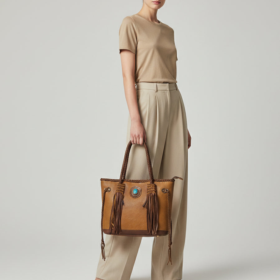 American Darling Tote Bag Western Genuine Leather Handcrafted Large Purse with Turquoise Stone, Fringes and YKK Zipper
