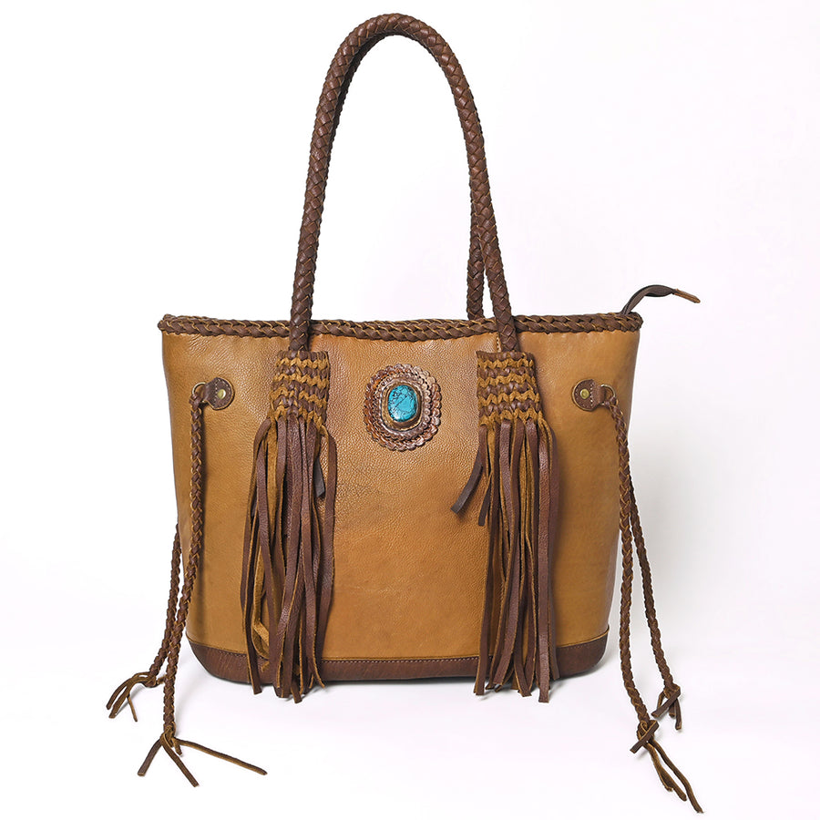 American Darling Tote Bag Western Genuine Leather Handcrafted Large Purse with Turquoise Stone, Fringes and YKK Zipper