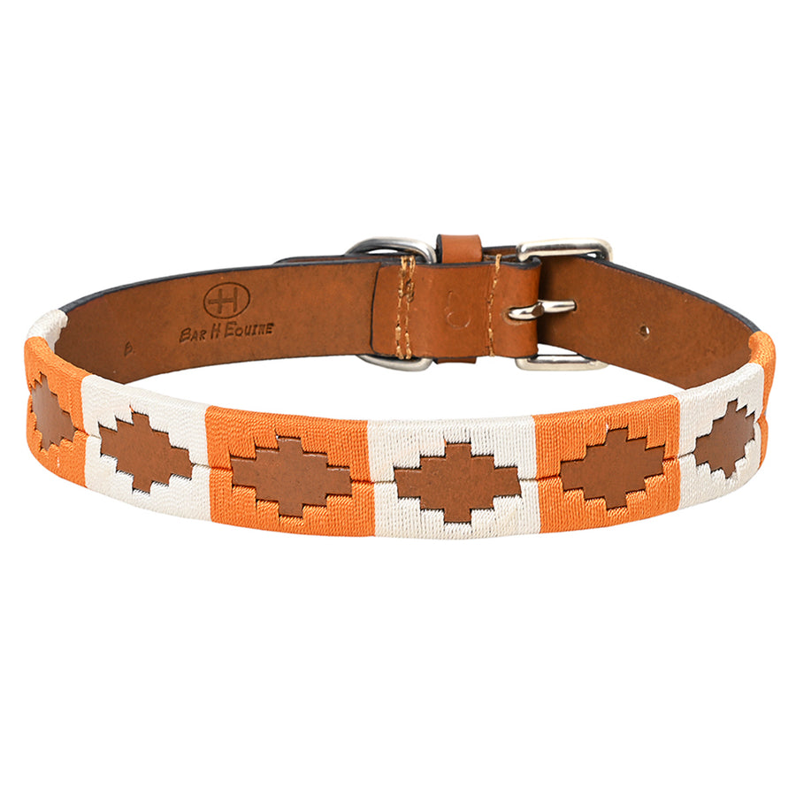 BAR H EQUINE Western Genuine Leather Dog Collar Embroidered Orange and White - Uhorse