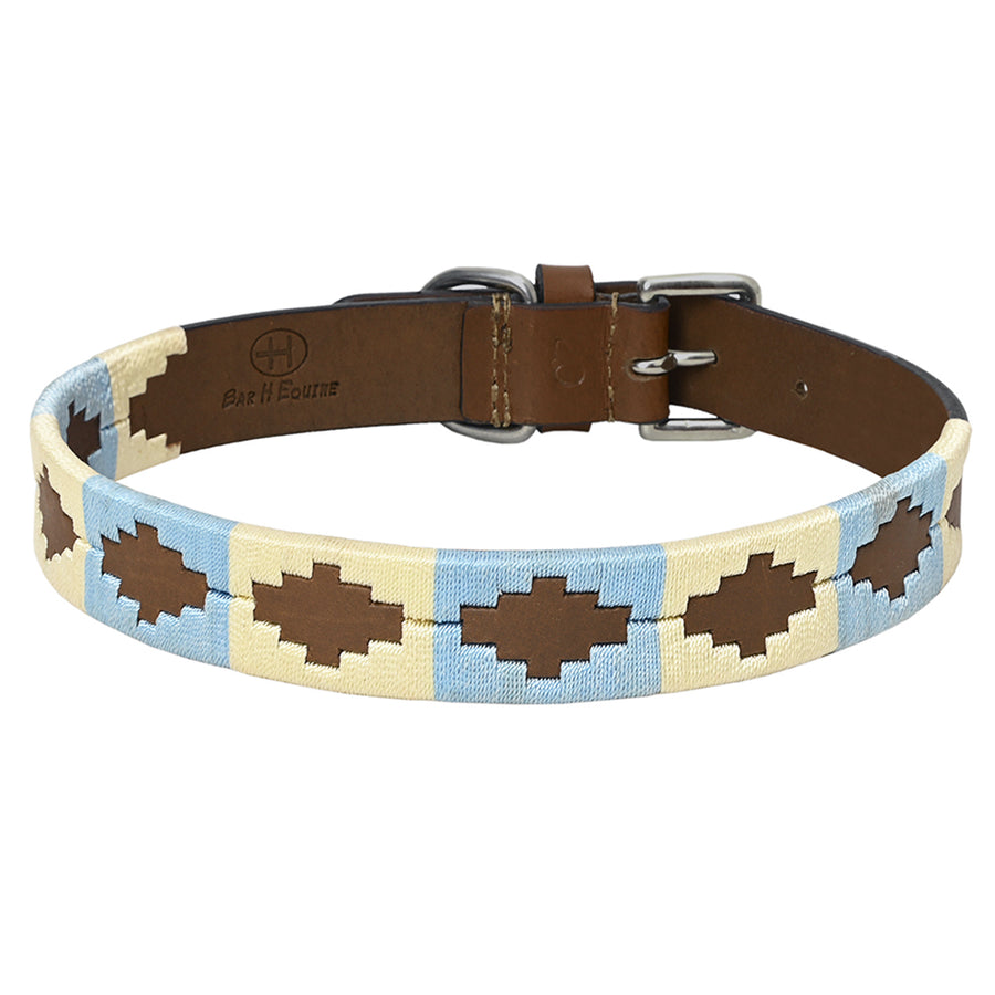 BAR H EQUINE Western Genuine Leather Dog Collar Embroidered Beige and Light Blue - Uhorse