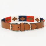 BAR H EQUINE Western Genuine Leather Dog Collar Embroidered  Blue Red & White