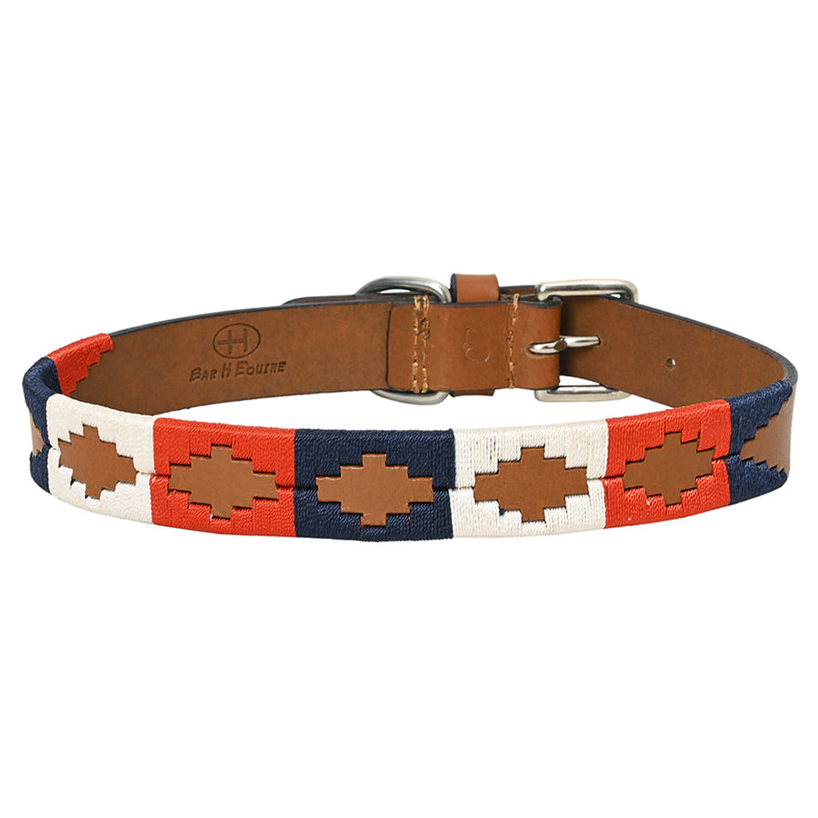 BAR H EQUINE Western Genuine Leather Dog Collar Embroidered Blue Red and White - Uhorse