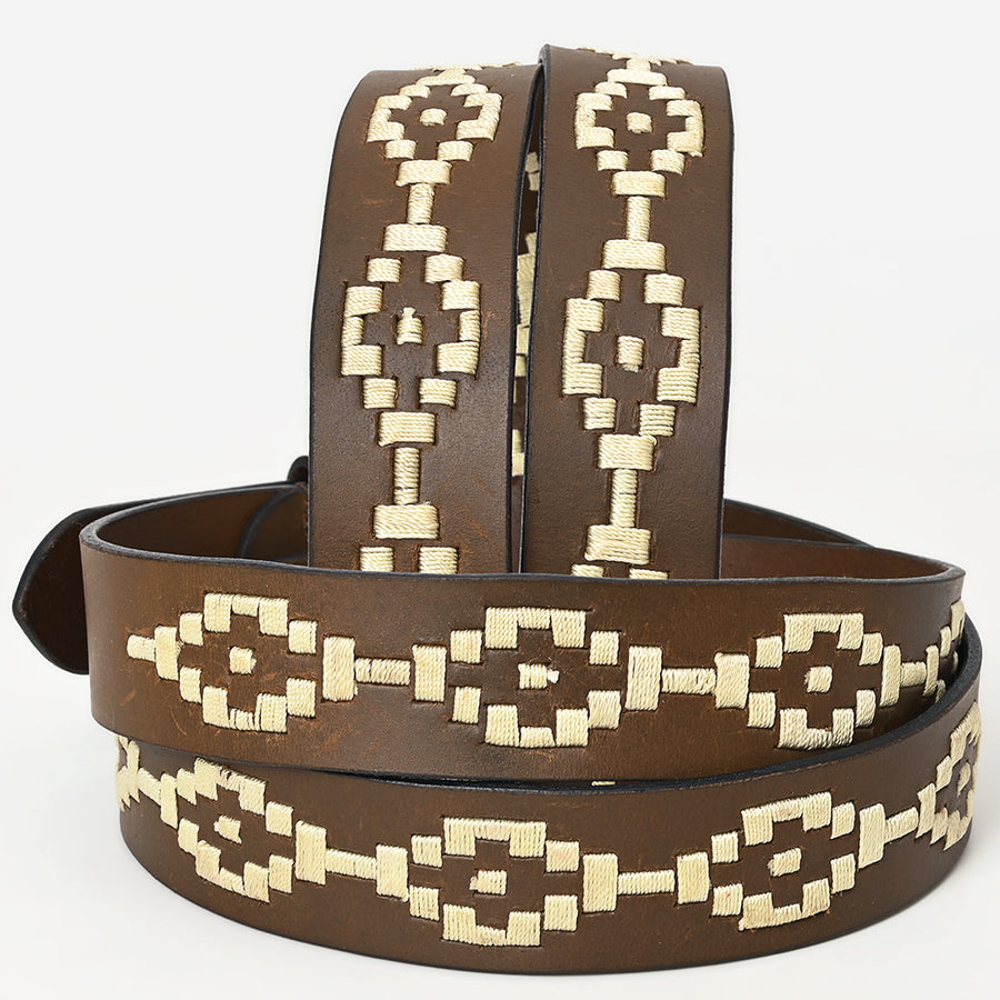 Bar H Equine Western Brown Full Grain Genuine Leather Men & Women Belt Embroidered White Unisex With Buckle