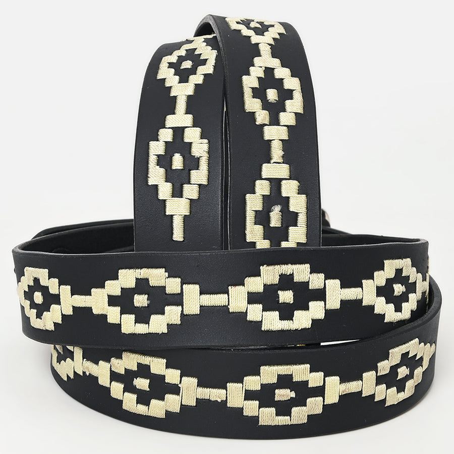 Bar H Equine Western Black Full Grain Genuine Leather Men & Women Belt Embroidered White Unisex with Buckle
