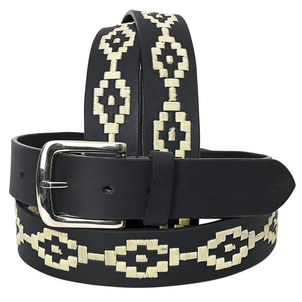 BAR H EQUINE Western Genuine Leather Men And Women Black Belt Embroidered White - Uhorse
