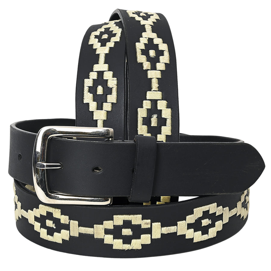 BAR H EQUINE Western Genuine Leather Men And Women Black Belt Embroidered White - Uhorse
