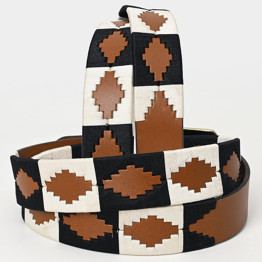 Bar H Equine Western Brown Full Grain Genuine Leather Men & Women Belt Embroidered Black and White With Buckle