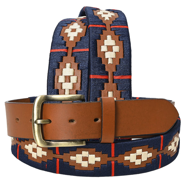 BAR H EQUINE Western Genuine Leather Men And Women Brown Belt Embroidered Blue Red and White - Uhorse