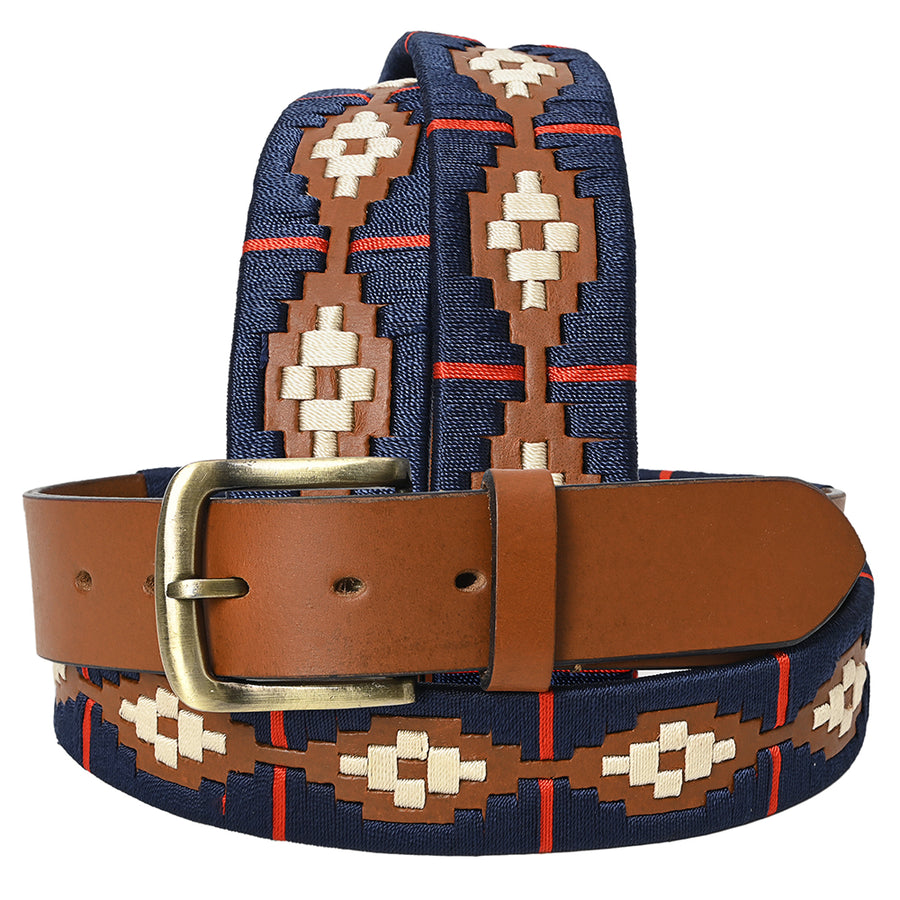 BAR H EQUINE Western Genuine Leather Men And Women Brown Belt Embroidered Blue Red and White - Uhorse