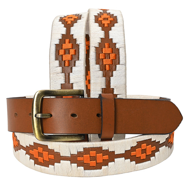 BAR H EQUINE Western Genuine Leather Men And Women Brown Belt Embroidered White and Orange - Uhorse