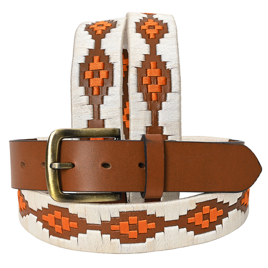 BAR H EQUINE Western Genuine Leather Men And Women Brown Belt Embroidered White and Orange - Uhorse