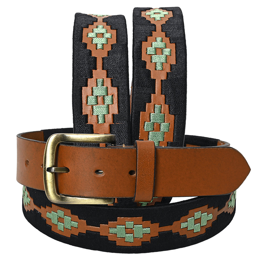 BAR H EQUINE Western Genuine Leather Men And Women Brown Belt Embroidered Black and Light Green - Uhorse