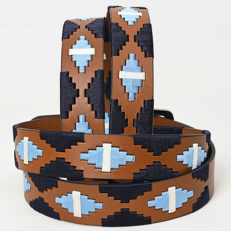 Bar H Equine Western Brown Full Grain Genuine Leather Men & Women Belt Embroidered Black Light Blue White Buckle