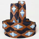 BAR H EQUINE Western Genuine Leather Men And Women Brown Belt Embroidered Black Light Blue & White