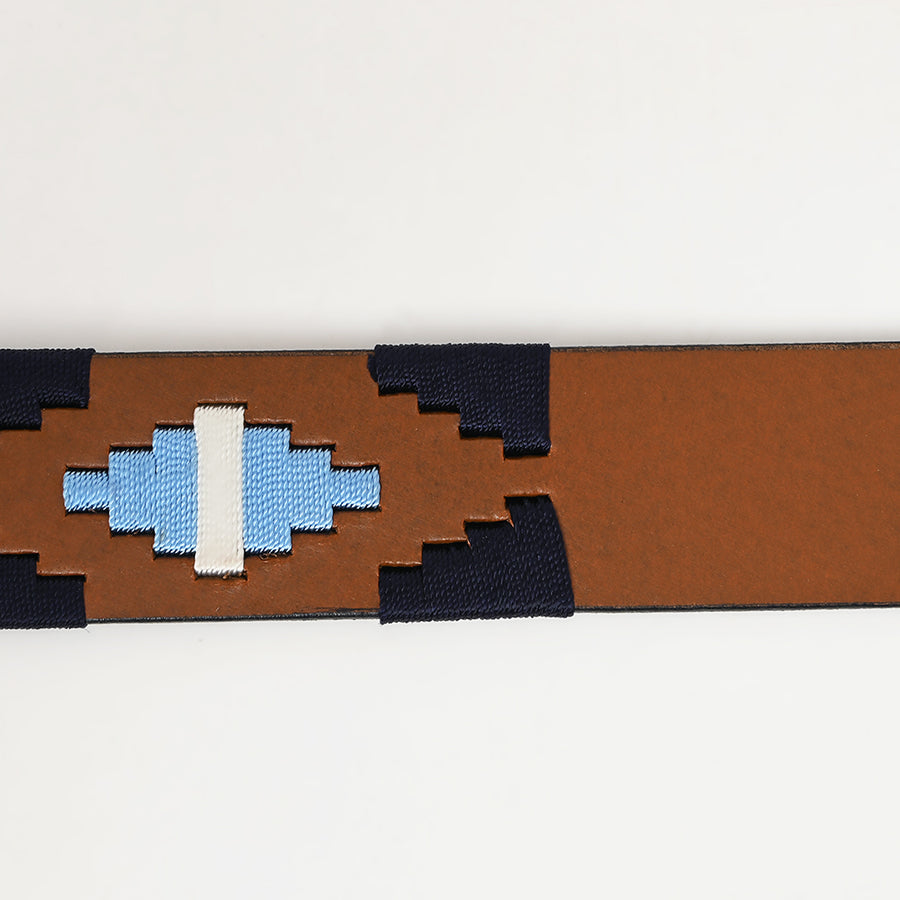 Bar H Equine Western Brown Full Grain Genuine Leather Men & Women Belt Embroidered Black Light Blue White Buckle
