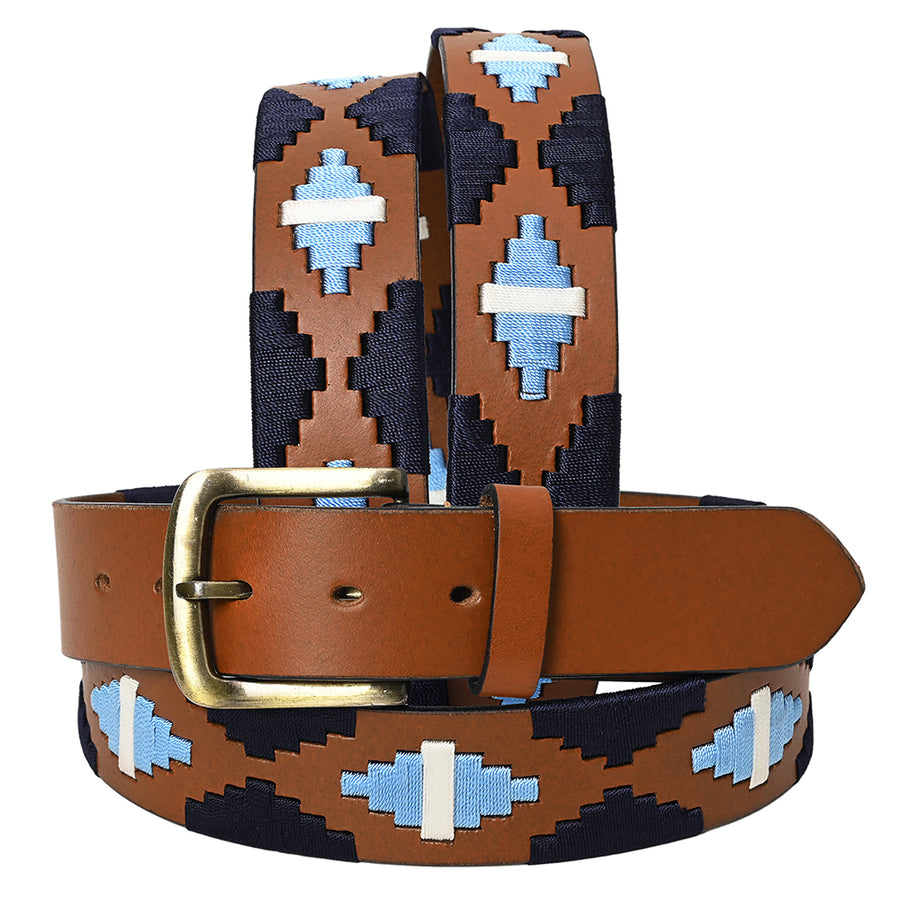 BAR H EQUINE Western Genuine Leather Men And Women Brown Belt Embroidered Black Light Blue and White - Uhorse