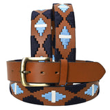 Bar H Equine Western Brown Full Grain Genuine Leather Men and Women Belt Embroidered Black Light Blue & White | Unisex Western Belt with Removable Buckle