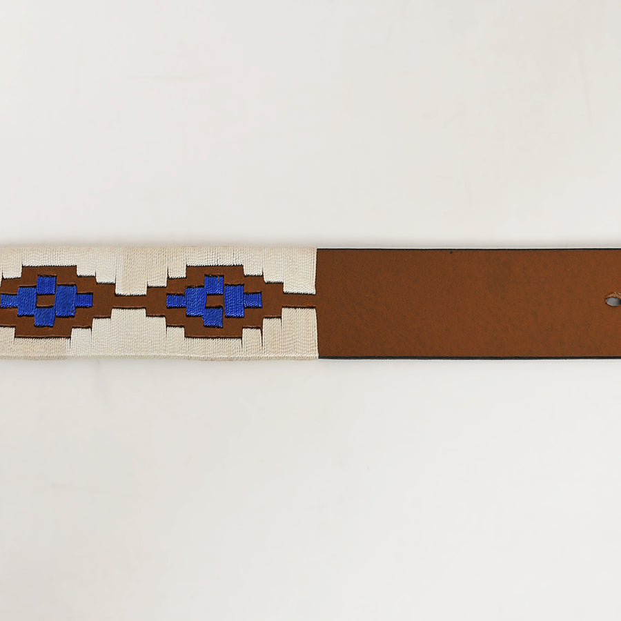 Bar H Equine Western Brown Full Grain Genuine Leather Men & Women Belt Embroidered White Blue with Buckle