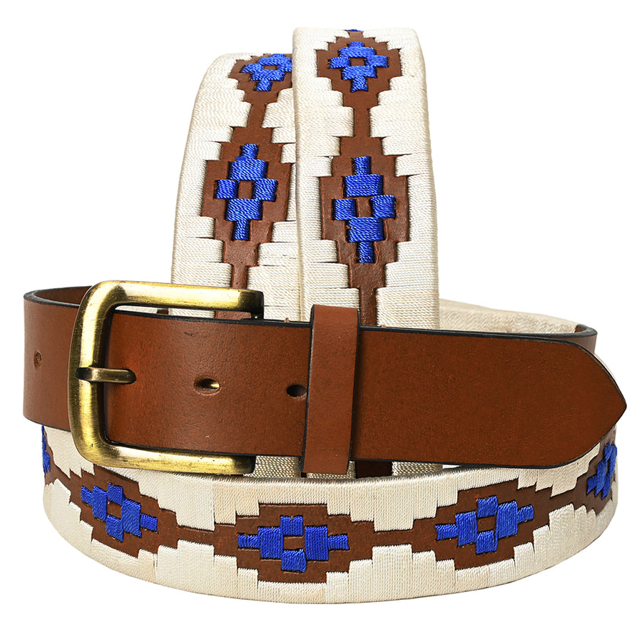 BAR H EQUINE Western Genuine Leather Men And Women Brown Belt Embroidered White and Blue - Uhorse