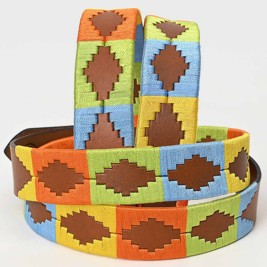 Bar H Equine Western Brown Full Grain Genuine Leather Men & Women Belt Embroidered Yellow Blue Light Green Buckle