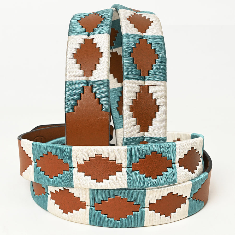 Bar H Equine Western Brown Full Grain Genuine Leather Men & Women Belt Embroidered White Sky Blue with Buckle
