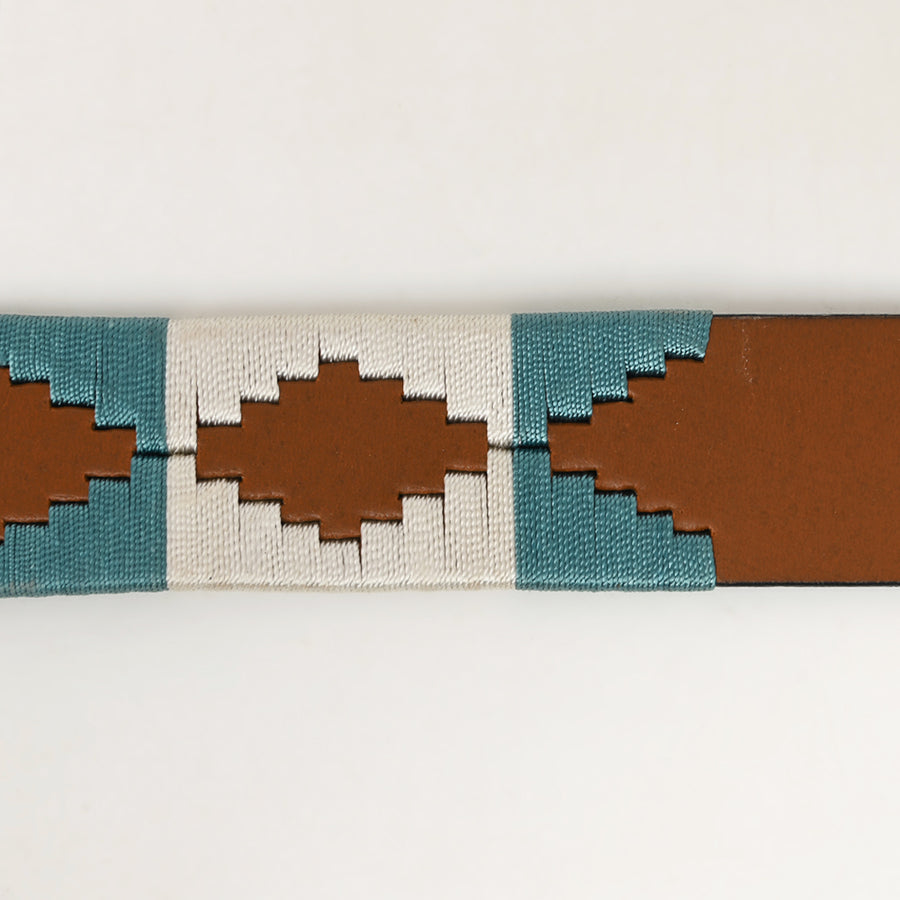 Bar H Equine Western Brown Full Grain Genuine Leather Men & Women Belt Embroidered White Sky Blue with Buckle