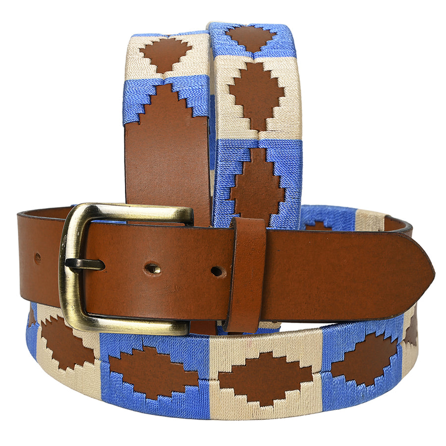 BAR H EQUINE Western Genuine Leather Men And Women Brown Belt Embroidered Blue and White - Uhorse