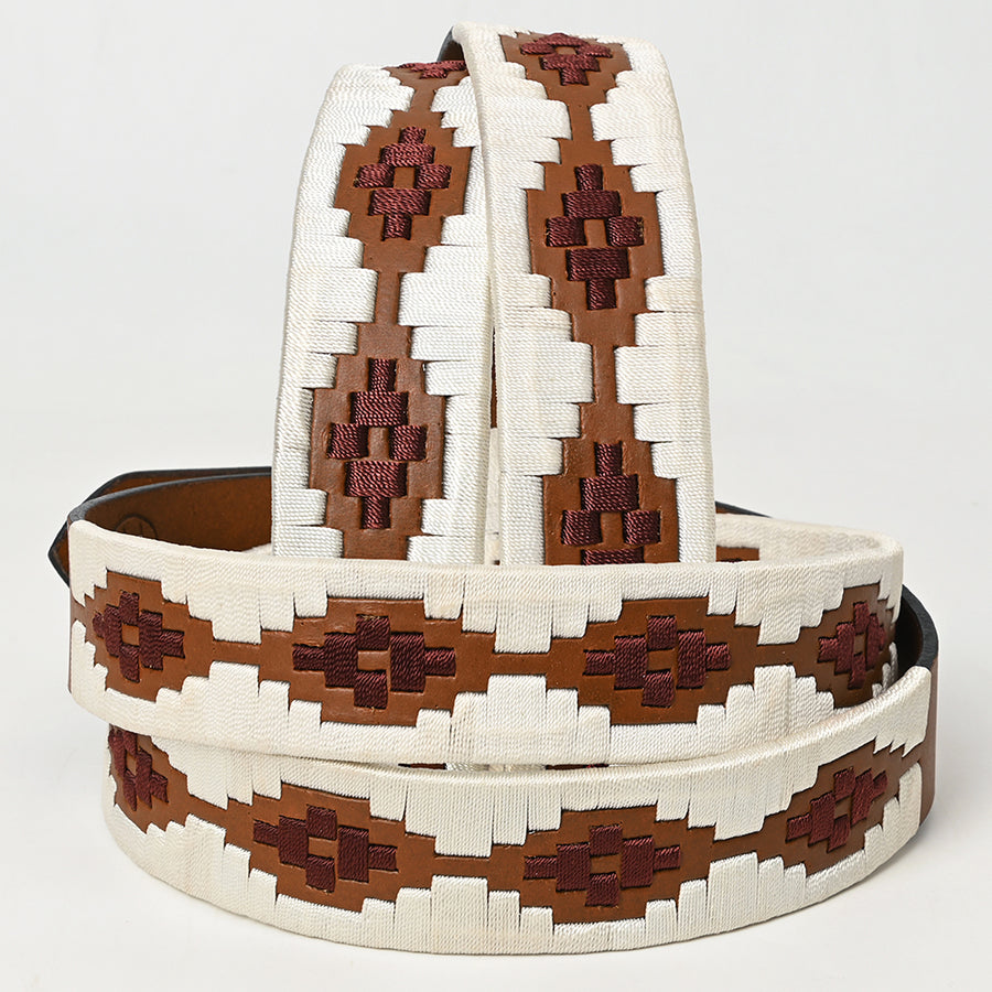Bar H Equine Western Brown Full Grain Genuine Leather Men & Women Belt Embroidered White with Buckle