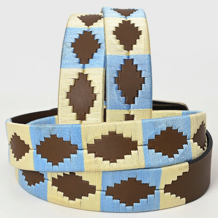 Bar H Equine Western Brown Full Grain Genuine Leather Men & Women Belt Embroidered Beige Light Blue with Buckle