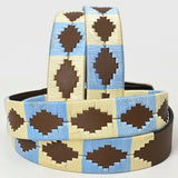 BAR H EQUINE Western Genuine Leather Men And Women Brown Belt Embroidered Beige & Light Blue