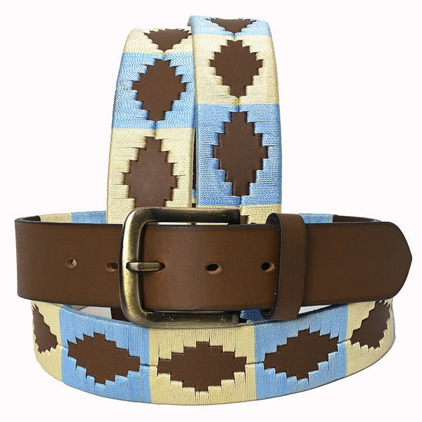 BAR H EQUINE Western Genuine Leather Men And Women Brown Belt Embroidered Beige and Light Blue - Bar H Equine