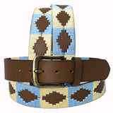 Bar H Equine Western Brown Full Grain Genuine Leather Men & Women Belt Embroidered Beige Light Blue with Removable Buckle