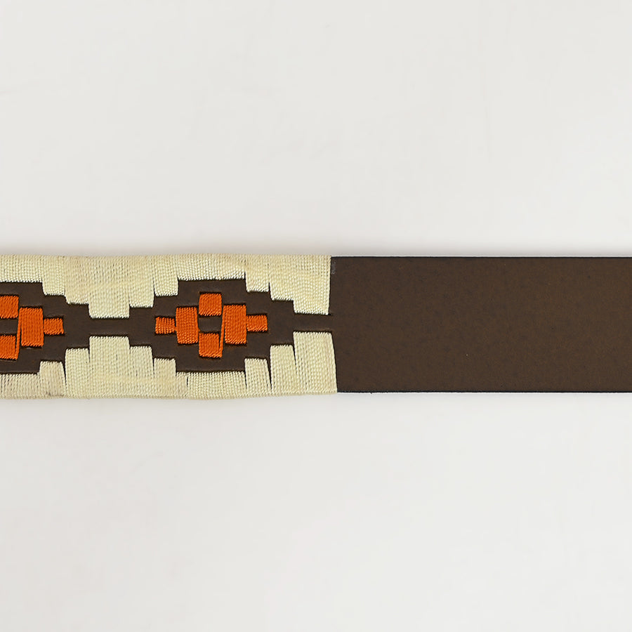 Bar H Equine Western Brown Full Grain Genuine Leather Men & Women Belt Embroidered Beige Orange with Buckle