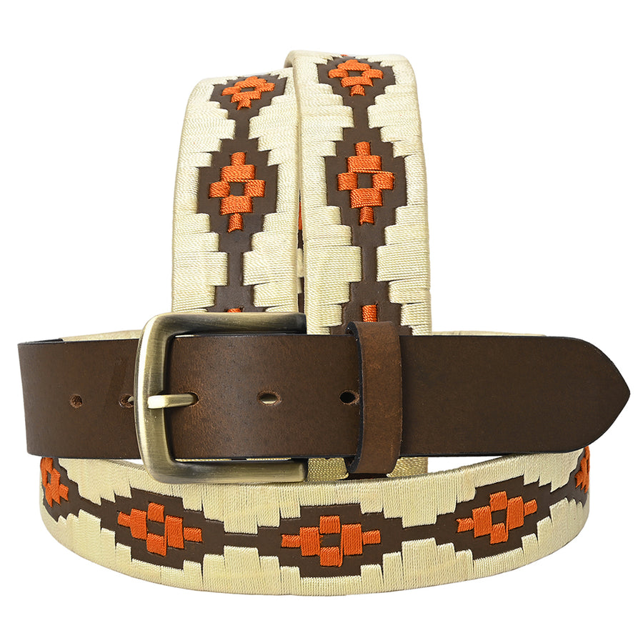 BAR H EQUINE Western Genuine Leather Men And Women Brown Belt Embroidered Beige and Orange - Uhorse