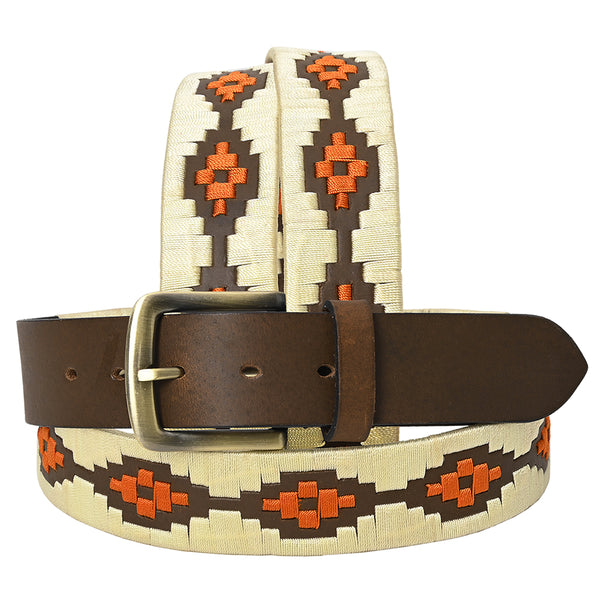 BAR H EQUINE Western Genuine Leather Men And Women Brown Belt Embroidered Beige and Orange - Bar H Equine