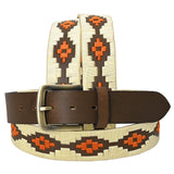 Bar H Equine Western Brown Full Grain Genuine Leather Men and Women Belt Embroidered Beige & Orange | Unisex Western Belt with Removable Buckle