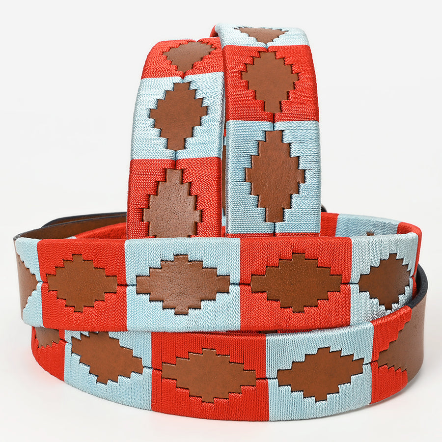 Bar H Equine Western Brown Full Grain Genuine Leather Men & Women Belt Embroidered Red Light Blue with Buckle