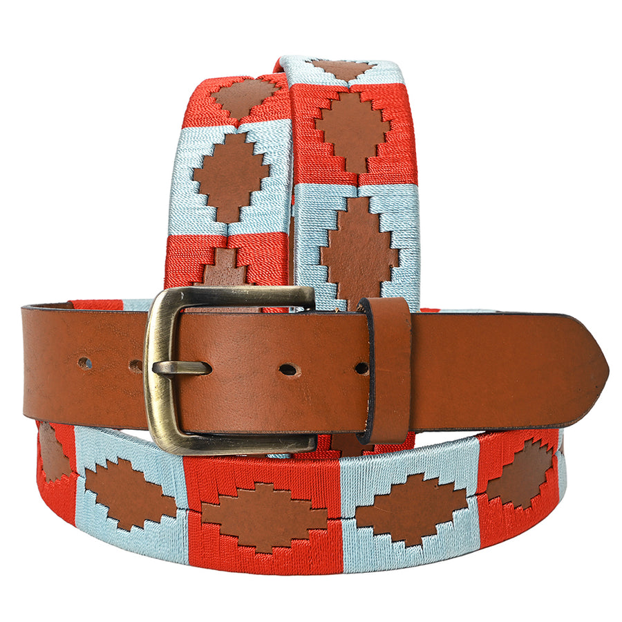 BAR H EQUINE Western Genuine Leather Men And Women Brown Belt Embroidered Red and Light Blue - Uhorse
