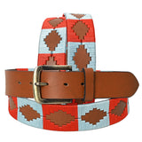 Bar H Equine Western Brown Full Grain Genuine Leather Men & Women Belt Embroidered Red Light Blue with Buckle - 34"