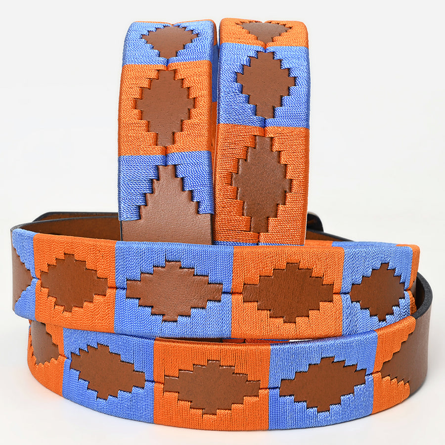 Bar H Equine Western Brown Full Grain Genuine Leather Men & Women Belt Embroidered Orange Blue with Buckle