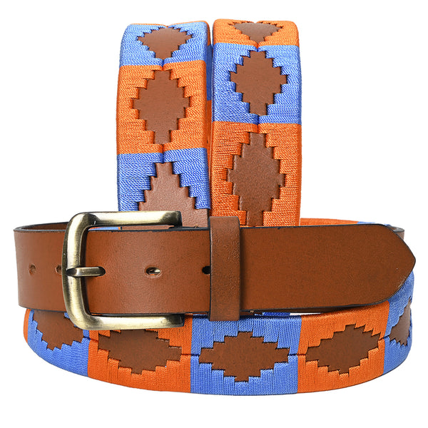 BAR H EQUINE Western Genuine Leather Men And Women Brown Belt Embroidered Orange and Blue - Uhorse