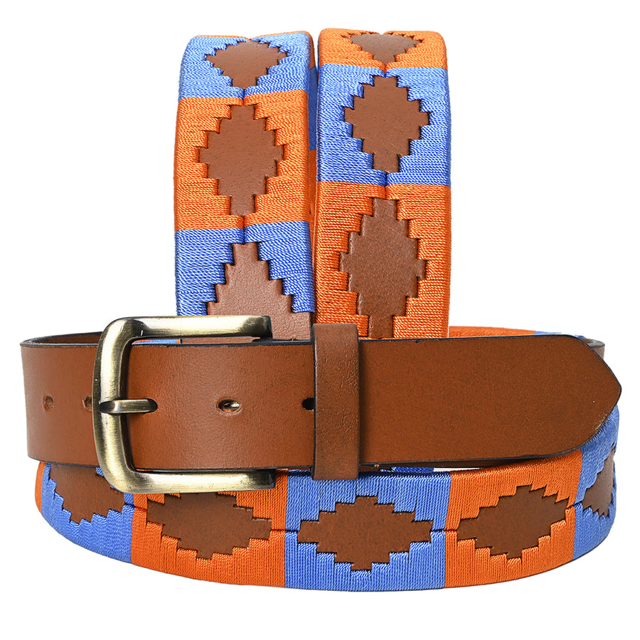 BAR H EQUINE Western Genuine Leather Men And Women Brown Belt Embroidered Orange and Blue - Uhorse