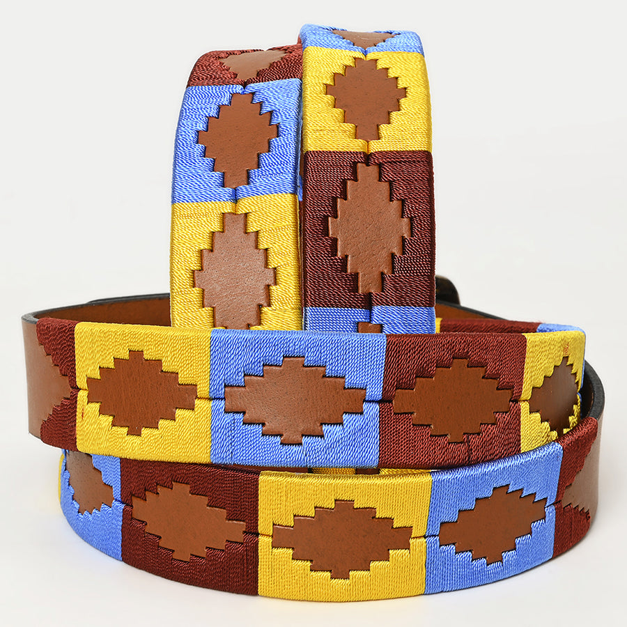 Bar H Equine Western Brown Full Grain Genuine Leather Men & Women Belt Embroidered Yellow Blue Red with Buckle
