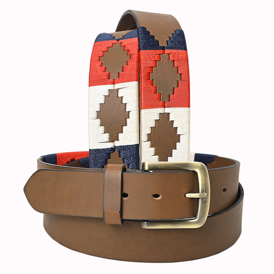 BAR H EQUINE Western Genuine Leather Men And Women Brown Belt Embroidered Red Blue and White - Uhorse